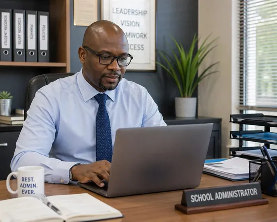 A school administrator working at his desk