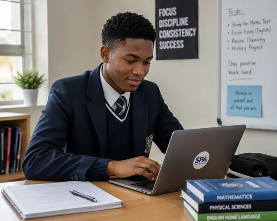 A high school learner in uniform working on a laptop in class
