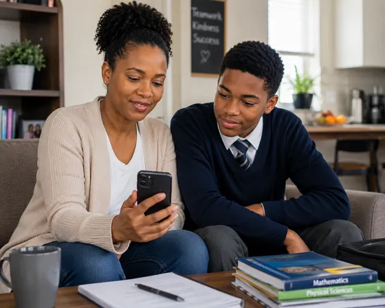 A parent checking her child’s school updates on her phone at home