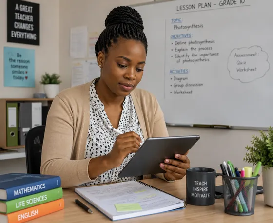 A teacher using a tablet while her class works at their desks